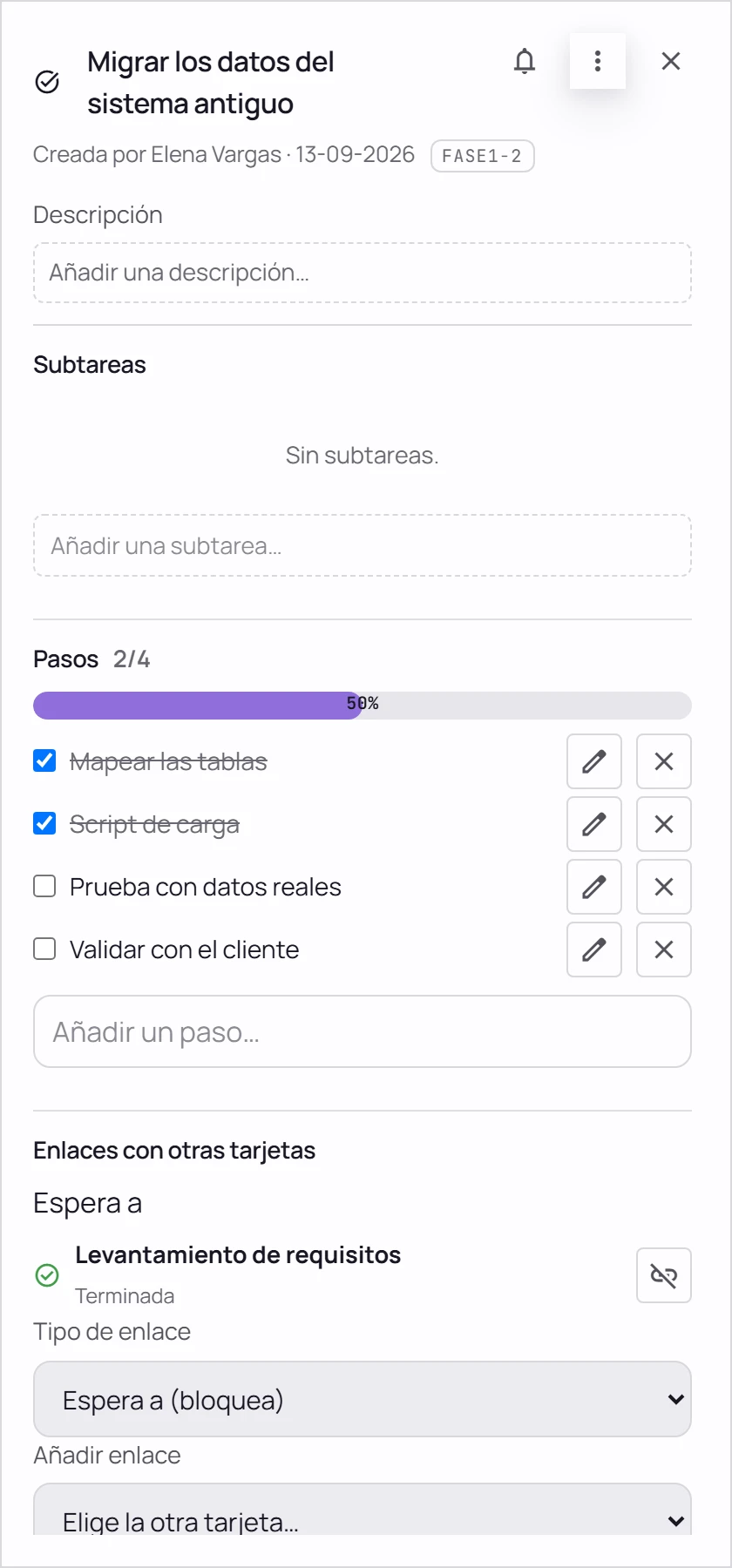 La ficha de una tarjeta en Lumys: responsables, fecha, subtareas, checklist, archivos y comentarios